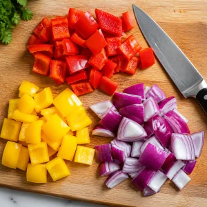 Pimentos e cebola roxa cortados em pedacos para espetinhos kebab com tortilla