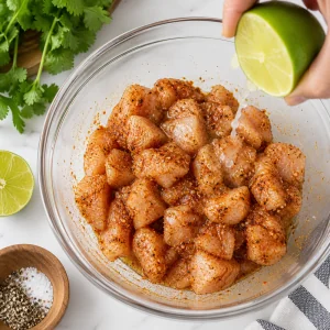 Cubos de frango misturados com chili em po, cominho, paprika, alho em po e sumo de lima