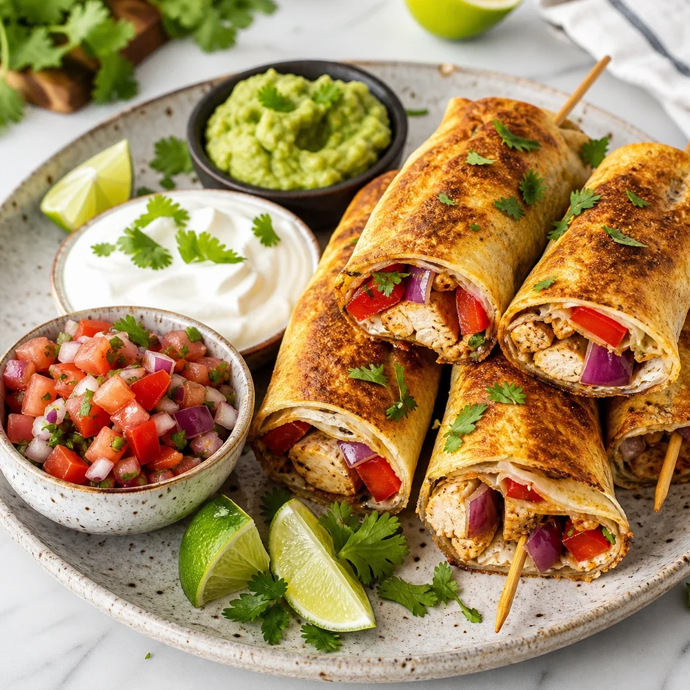 Espetinhos de kebab com tortilla na air fryer servidos com salsa fresca, guacamole, creme azedo e lima