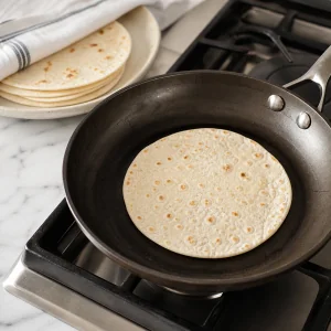 Tortillas de farinha aquecidas numa frigideira seca ate ficarem macias e flexiveis