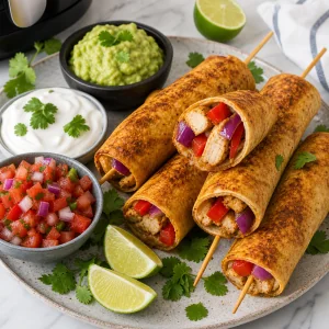 Espetinhos kebab com tortilla dourados servidos quentes com salsa, guacamole, creme azedo e lima