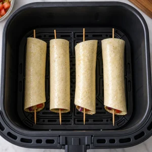 Espetinhos kebab com tortilla em uma unica camada no cesto da air fryer
