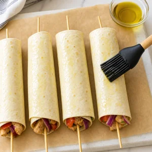 Espetinhos enrolados em tortilla pincelados levemente com azeite antes da air fryer