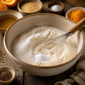 Flour mixture whisked in a large ceramic bowl