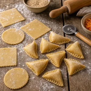 Folded raw pestino dough parcels on a floured table
