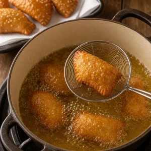 Golden pestinos frying in bubbling oil