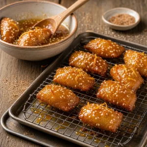 Honey glazed pestinos draining on a wire rack