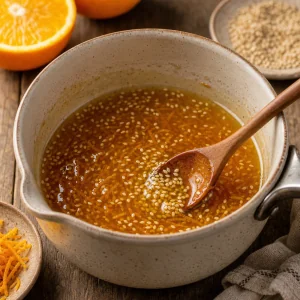 Honey orange glaze with sesame seeds in a saucepan