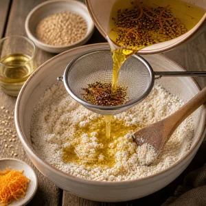 Infused olive oil strained into the flour mixture