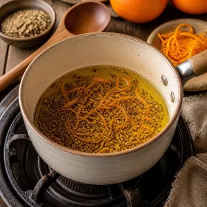 Olive oil warming with anise seeds and orange zest