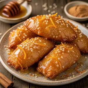 Warm glossy pestinos with sesame and orange zest