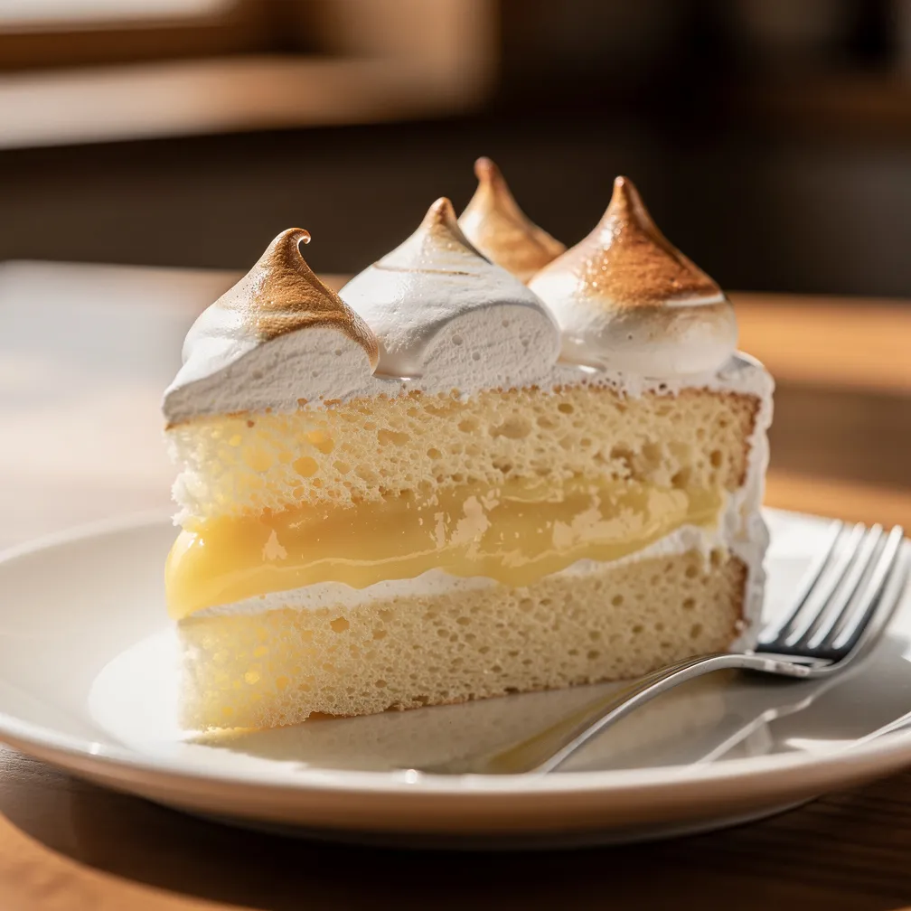A slice of Angel's Tears cake showing layers of sponge cake, creamy custard filling, and peaked meringue topping