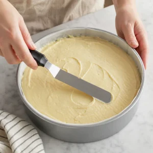 Cake batter smoothed in the prepared round pan before baking