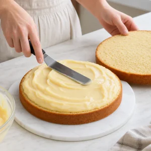 Custard cream spread between two sliced cake layers