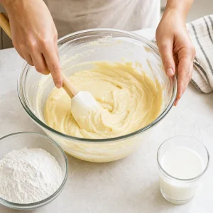 Flour mixture and milk folded into smooth cake batter
