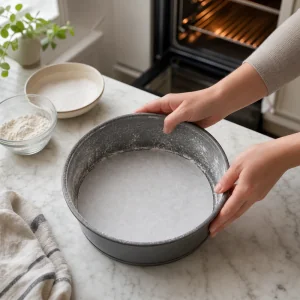 Round cake pan greased, floured, and lined with parchment