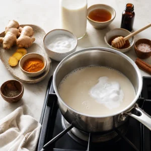 Lait d’amande et lait de coco chauffant dans une casserole pour un lait doré.