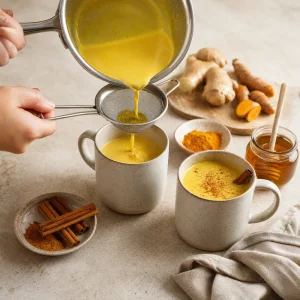 Lait doré filtré dans des tasses et garni de cannelle.