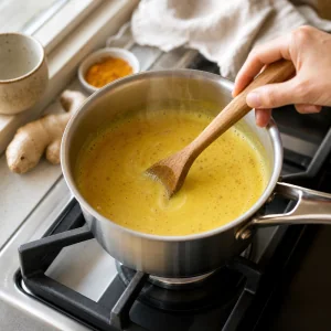 Lait doré réchauffé doucement dans une casserole sans bouillir.