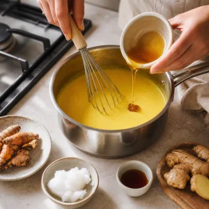 Miel et vanille incorporés au fouet dans le lait doré chaud au curcuma.