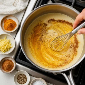Curcuma, gingembre, cannelle, poivre et sel fouettés dans le lait.