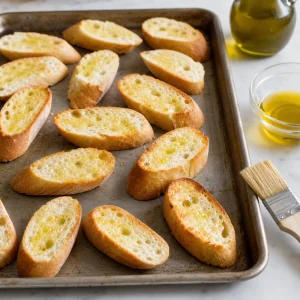 Fatias de baguete pinceladas com azeite numa assadeira e tostadas ate dourarem