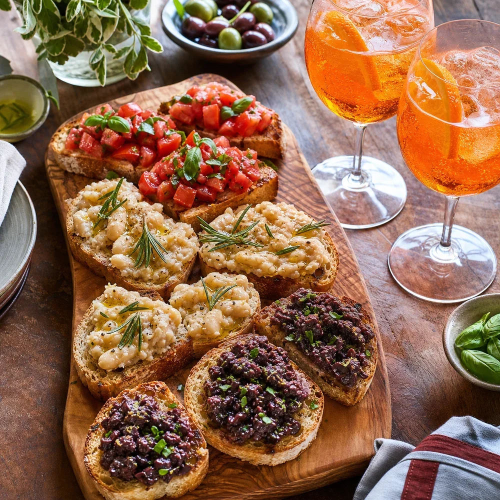 Prato italiano de aperitivo finalizado com coqueteis Aperol Spritz e tres variedades de bruschetta