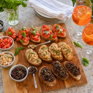 Tres variedades de bruschetta dispostas numa tabua de madeira com copos de Aperol Spritz