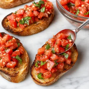 Cobertura de tomate e manjericao para bruschetta colocada sobre pao torrado crocante