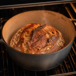 Pane a lievitazione naturale mela e cannella cotto scoperto nella pentola fino a doratura intensa