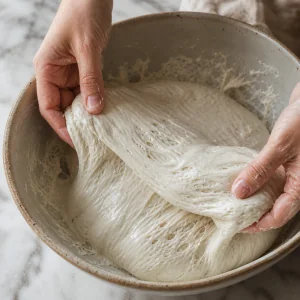 Impasto elastico di lievito madre tirato e piegato nella ciotola