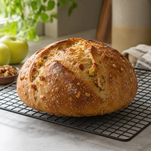 Pane a lievitazione naturale mela e cannella finito a raffreddare su una griglia