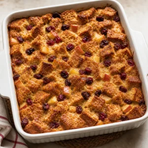 Pudim de pão com maçã e cranberry assado com topo dourado