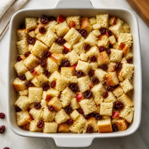 Cubos de pão com maçã e cranberries secas em uma assadeira