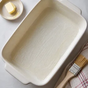 Assadeira untada com manteiga pronta para o pudim de pão