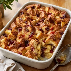 Fertiger Brotpudding mit Apfel und Cranberrys in einer Backform