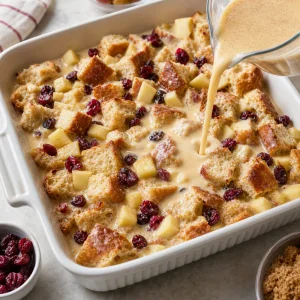 Creme de baunilha sendo despejado sobre pão, maçãs e cranberries