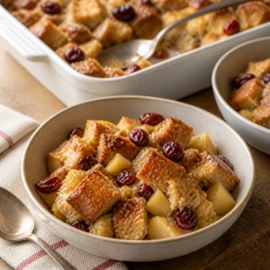Pudim de pão morno com maçã e cranberry servido em uma tigela