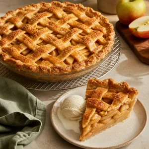 Torta de maca em trelica pronta, fria e fatiada para servir.