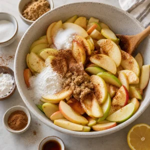 Fatias de maca misturadas com acucar e especiarias para o recheio.
