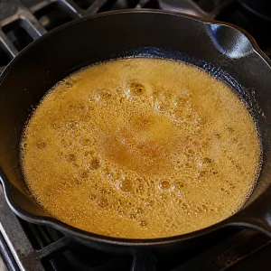 Pale golden caramel bubbling in a heavy skillet