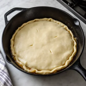 Puff pastry tucked over caramel apples in a skillet