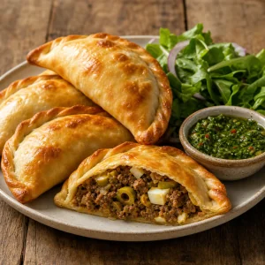 Rindfleisch-Empanadas mit Chimichurri und Salat serviert
