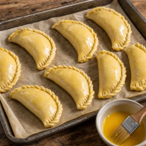 Gefaltete Empanadas mit Eiglasur auf dem Backblech