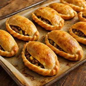 Goldbraun gebackene Rindfleisch-Empanadas auf Backpapier