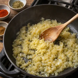 Zwiebeln und Knoblauch duensten in Olivenoel