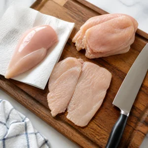 Chicken breasts prepared on a cutting board with a paper towel and knife