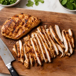 Grilled chicken sliced into thin strips on a cutting board