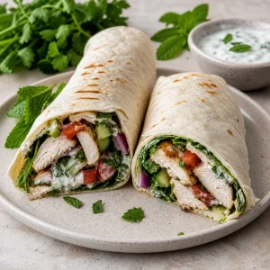 Lavash chicken wraps cut in half with herbs and yogurt sauce