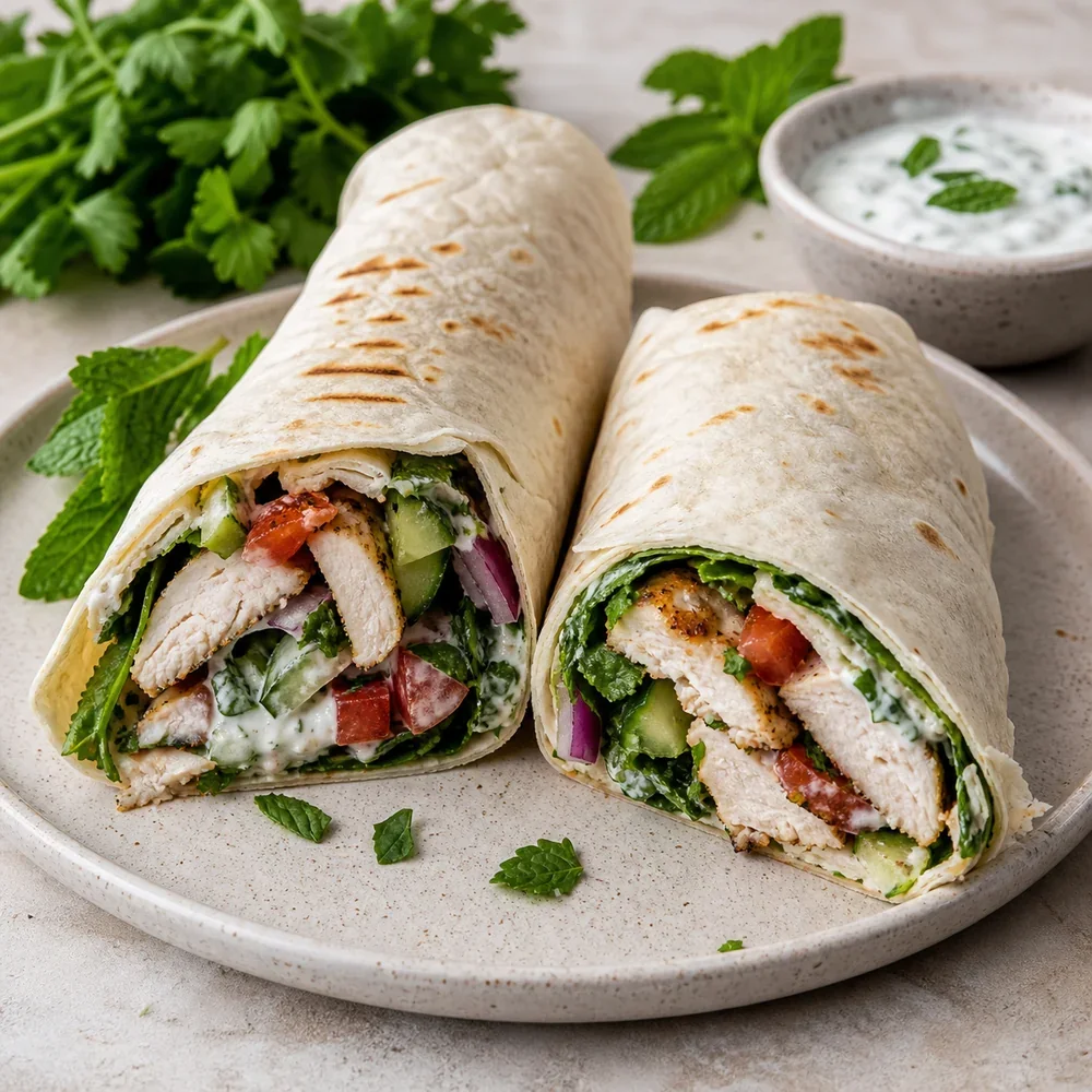 Lavash chicken wraps cut in half with herbs and yogurt sauce